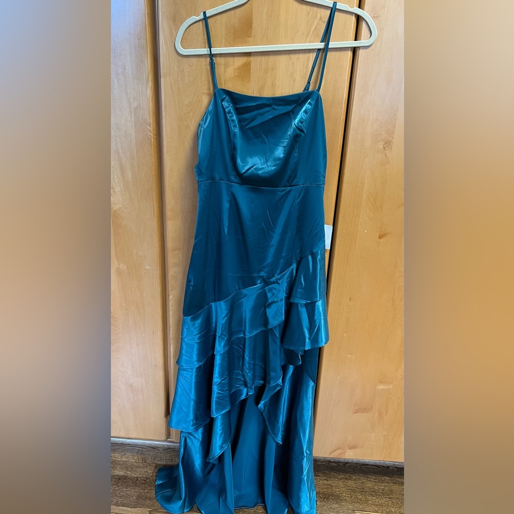 Yori Teal Green Satin Ruffled High-low Dress